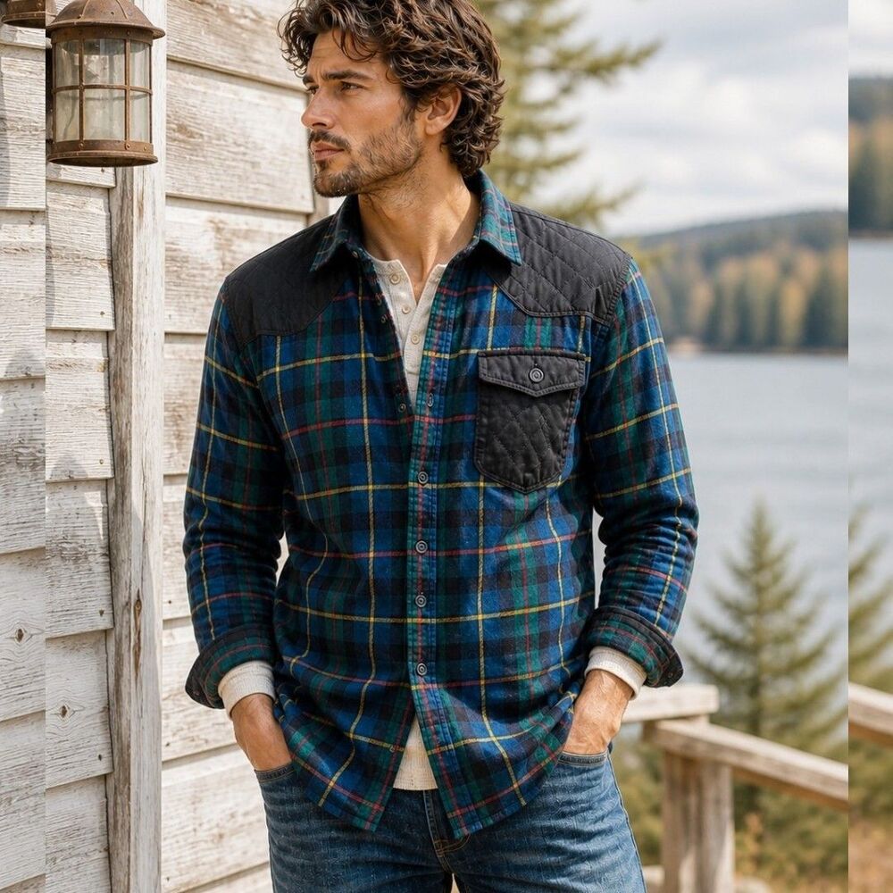 L L Bean M Rugged Heritage Flannel Slightly Fitted Plaid Quilted Yoke Workwear